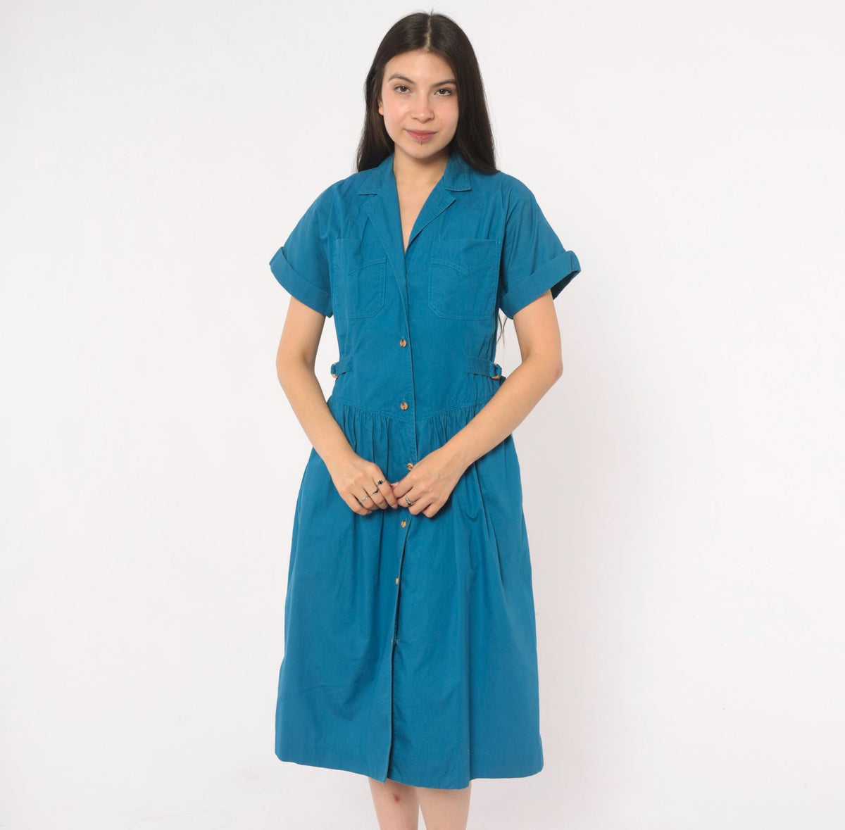 80s Sasson Teal Cotton Midi Shirtdress Gathered Waist Belt Extra Small XS