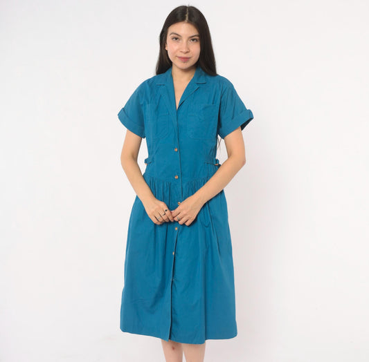 80s Sasson Teal Cotton Midi Shirtdress Gathered Waist Belt Extra Small XS