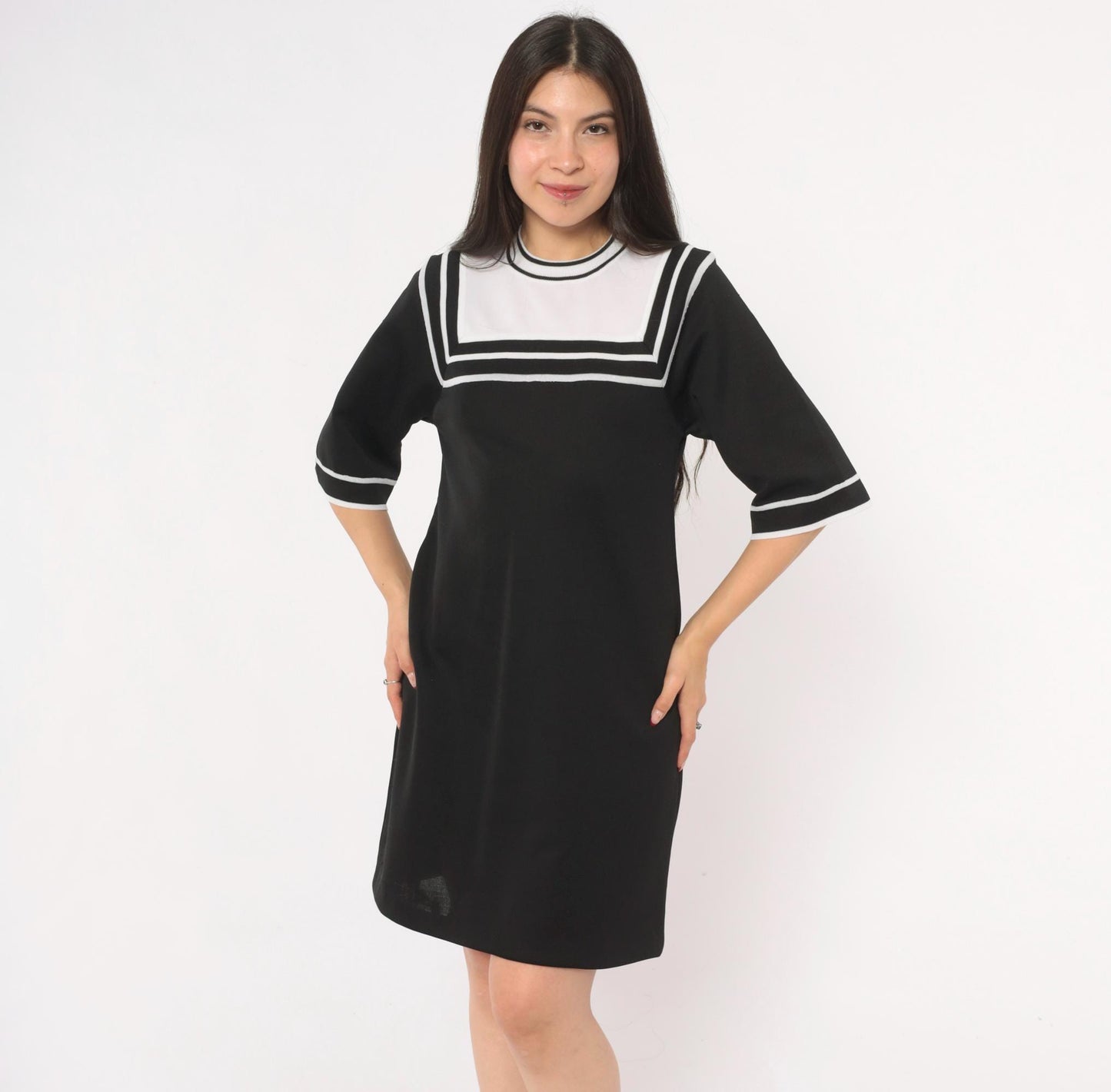 70s Roncelli Sailor Collar Knit Shift Dress Black White Mini Small