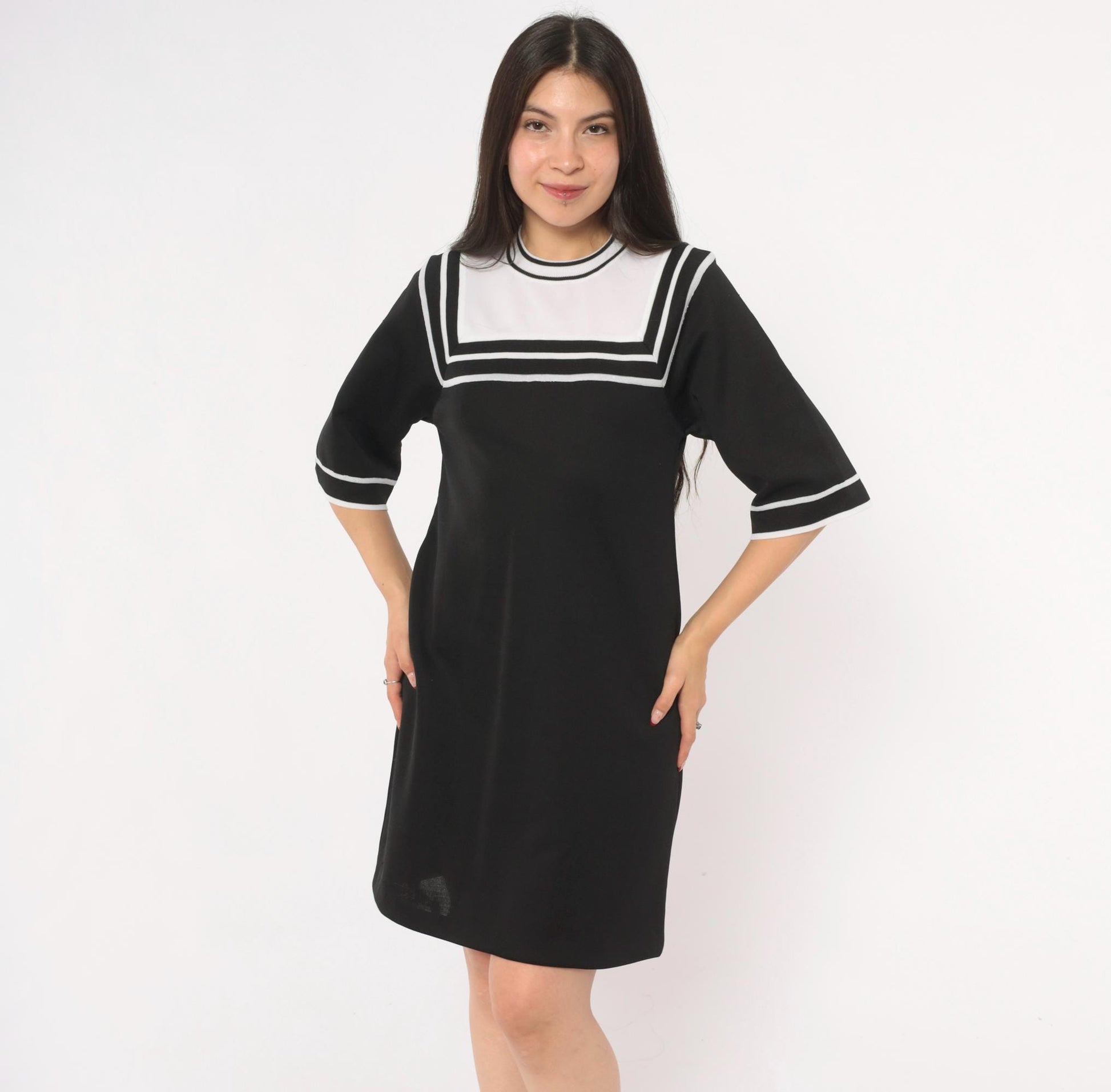 70s Roncelli Sailor Collar Knit Shift Dress Black White Mini Small