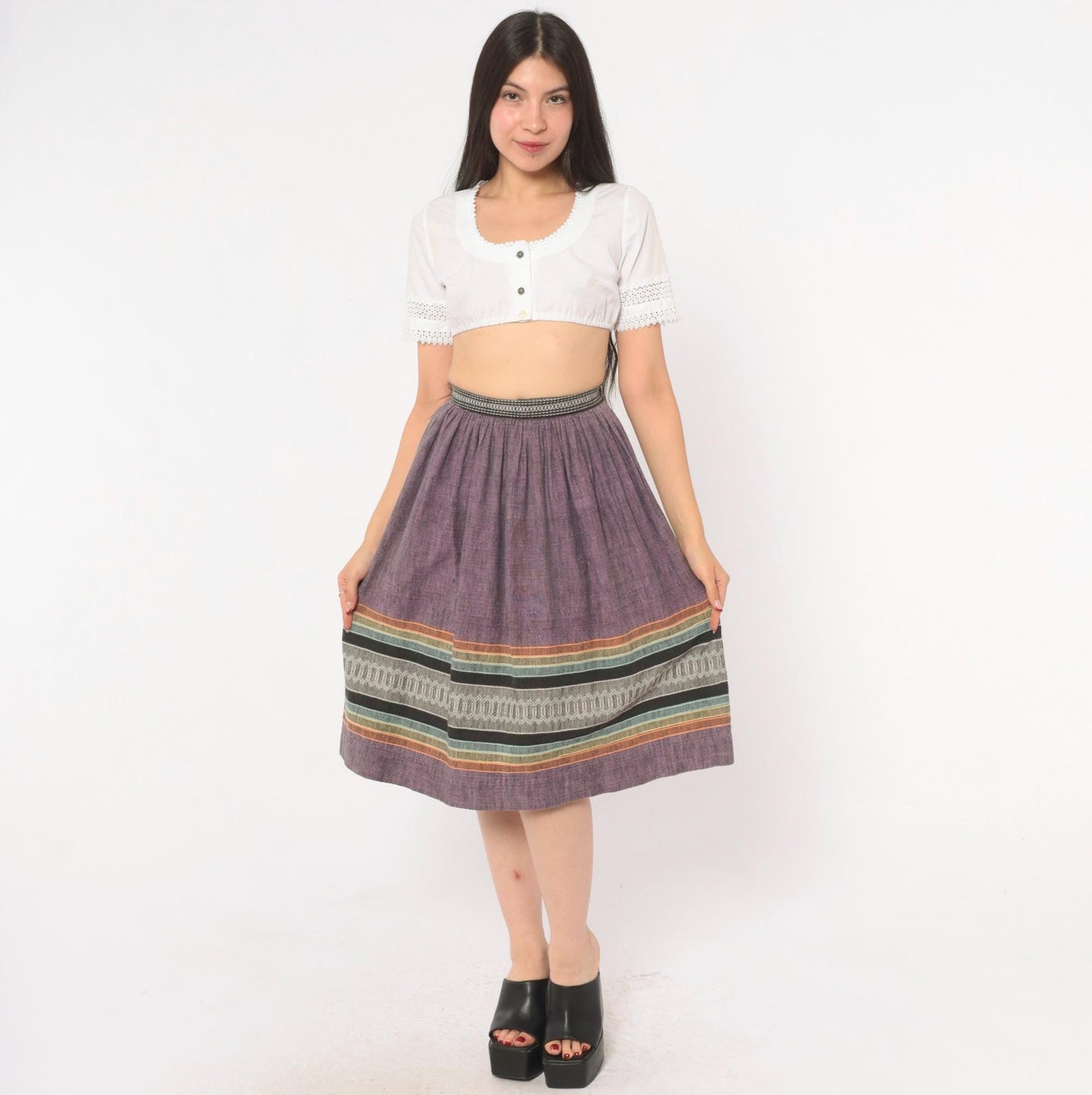 1980s Purple Woven Stripe Knee Skirt Cotton Linen Gathered Waist XS