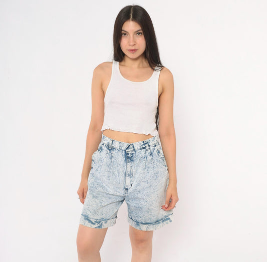 80s Ms. Players Acid Wash Denim Shorts High Waisted Pleated Blue Small S