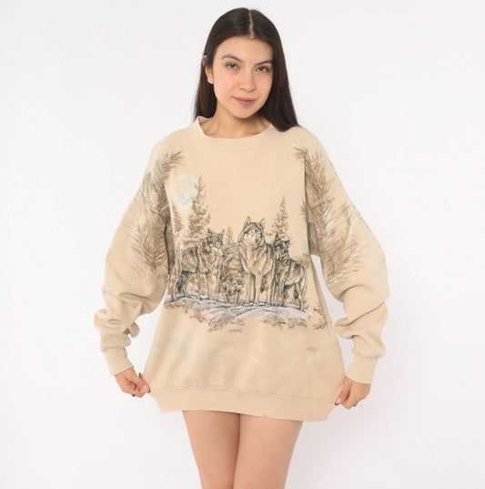 90s Wolf Pack Moon Pine Forest Cream Cotton Sweatshirt Large L