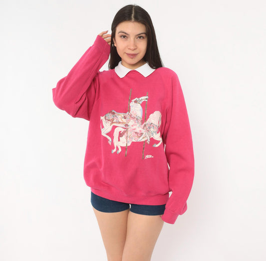 90s Carousel Horse Sweatshirt Pink Collared Graphic Raglan Medium M