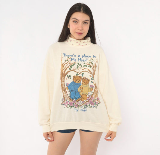90s Basic Editions Teddy Bear Turtleneck Sweatshirt Cream Floral Large L