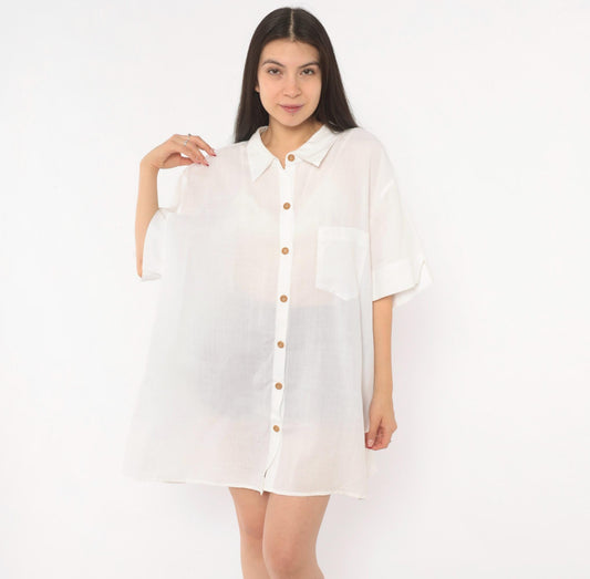 90s Ashley Stewart Ramie Button Front Shirt White Sheer Pointed Collar Plus Size 24