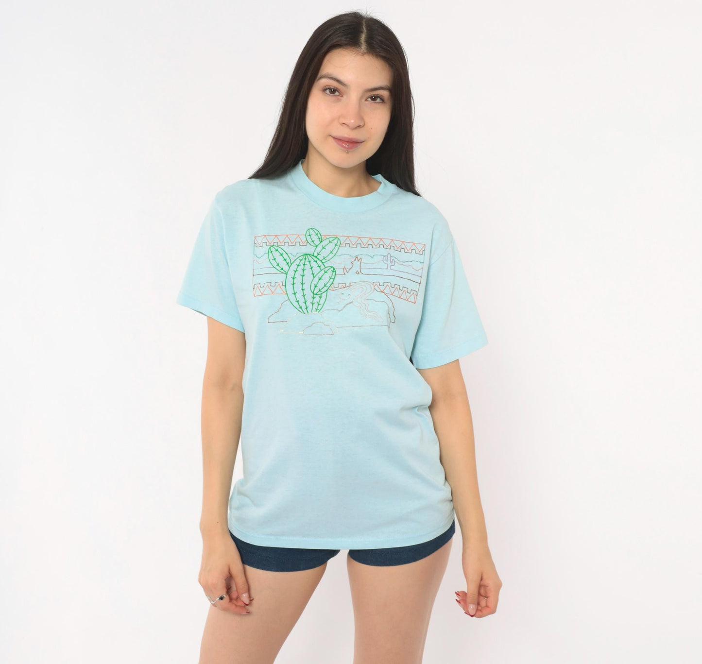 80s Sunbelt Sportswear Desert Cactus Snake Graphic Tee Light Blue Small