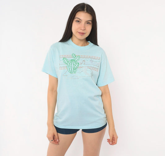 80s Sunbelt Sportswear Desert Cactus Snake Graphic Tee Light Blue Small
