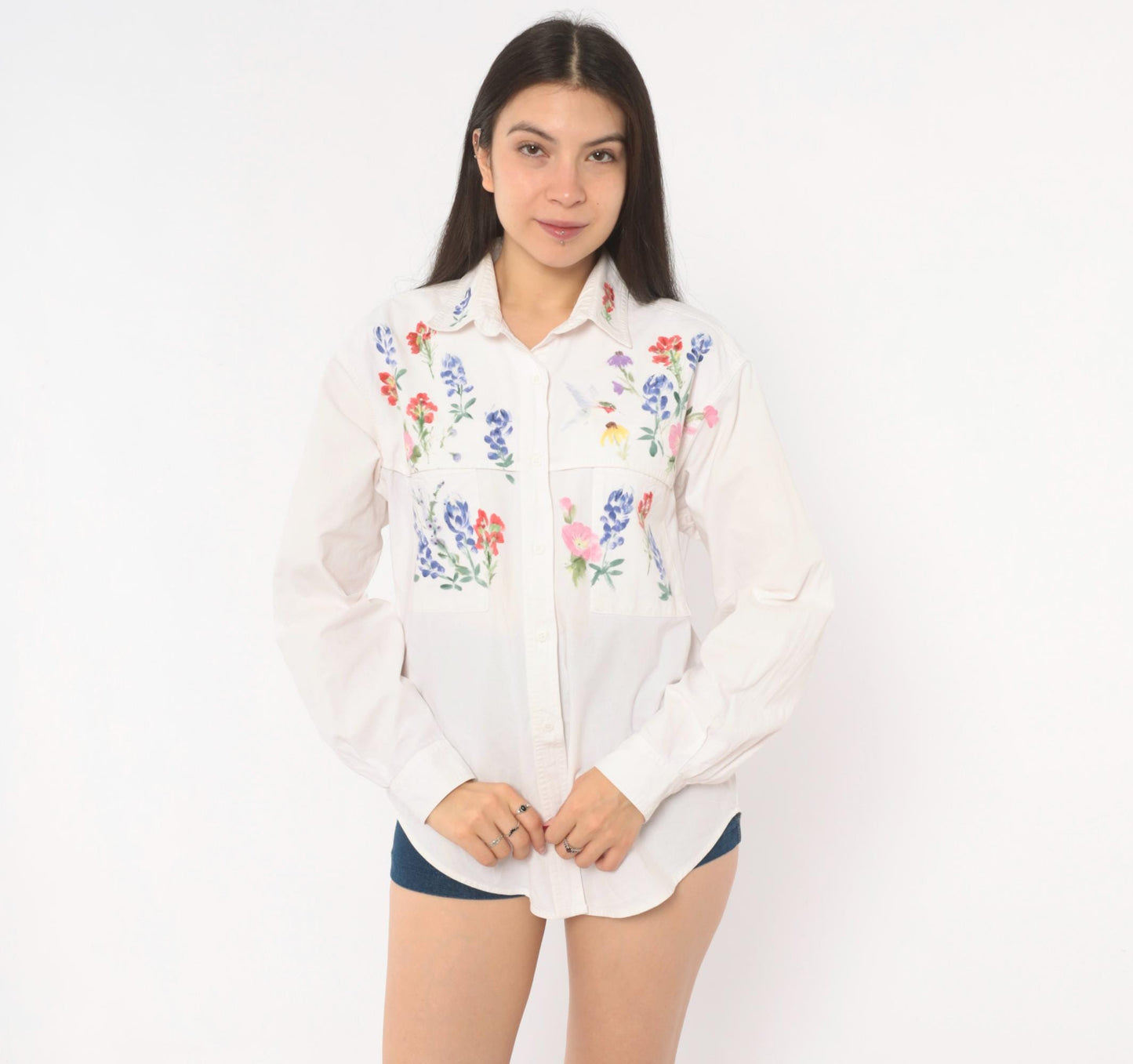 90s Ol' Paint Hand-Painted Wildflower Hummingbird White Cotton Button-Up Medium