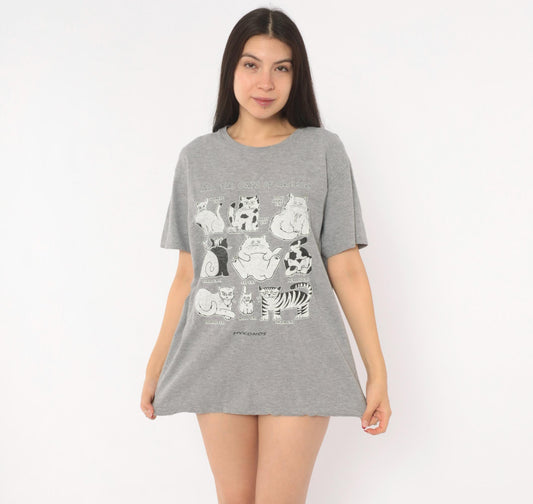 90s Kamba Cat Print Tee Grey Mykonos Graphic Cotton Crew Neck Large L