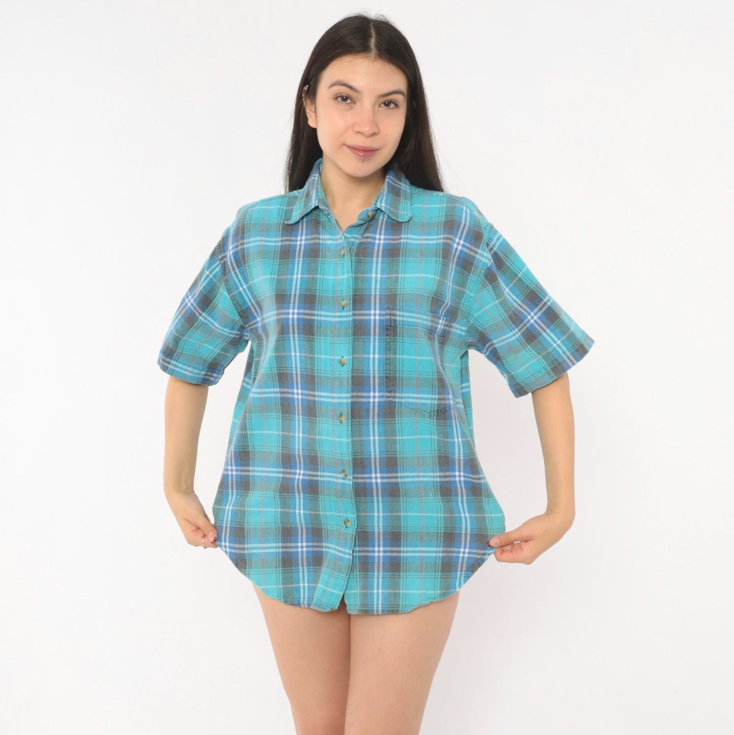 90s Quizz Plaid Flannel Shirt Teal Blue Grey Cotton Button-Up Medium