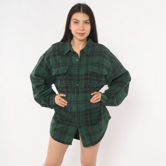 90s Gap Green Plaid Flannel Shirt Button-Up Grunge Cotton Extra Large XL