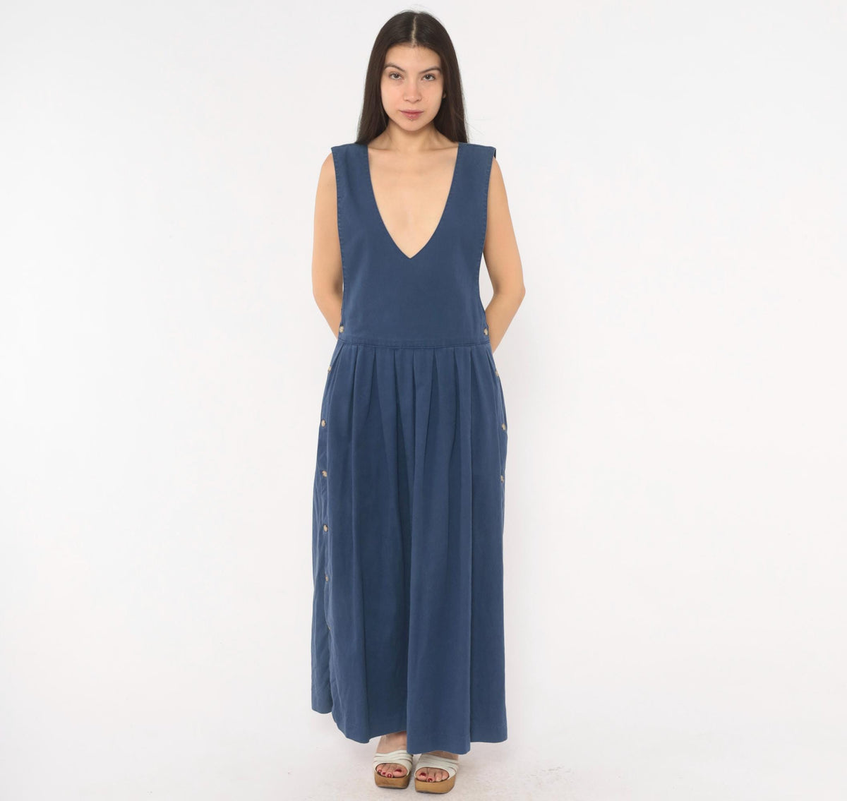 80s Fenwick Navy Cotton Jumper Dress Deep V Maxi Pleated Medium M