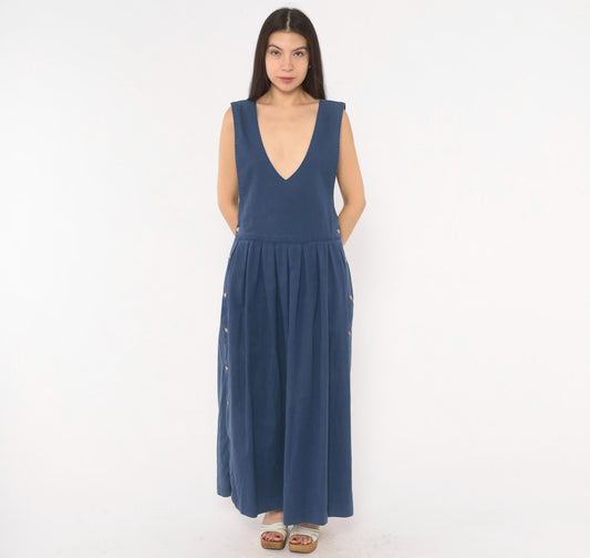 80s Fenwick Navy Cotton Jumper Dress Deep V Maxi Pleated Medium M