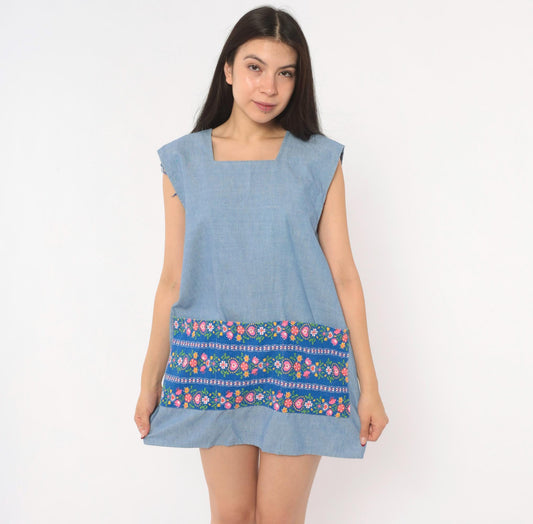 70s Light Blue Chambray Tunic Apron Dress Floral Print Open Back Small
