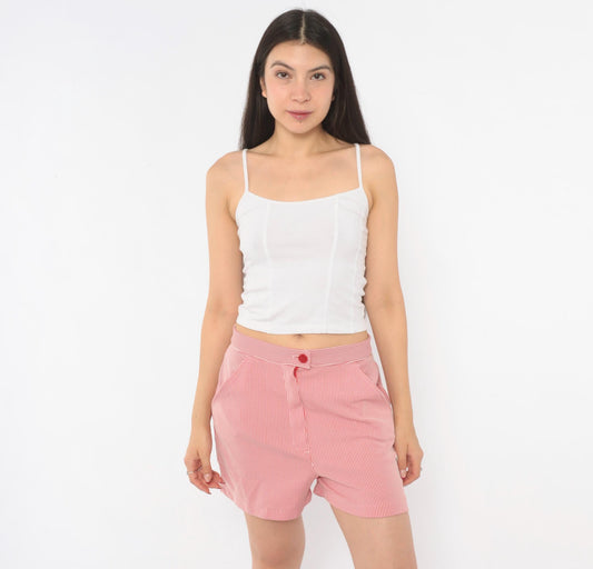 70s Red White Striped Seersucker Shorts High Waisted Button Front Medium M