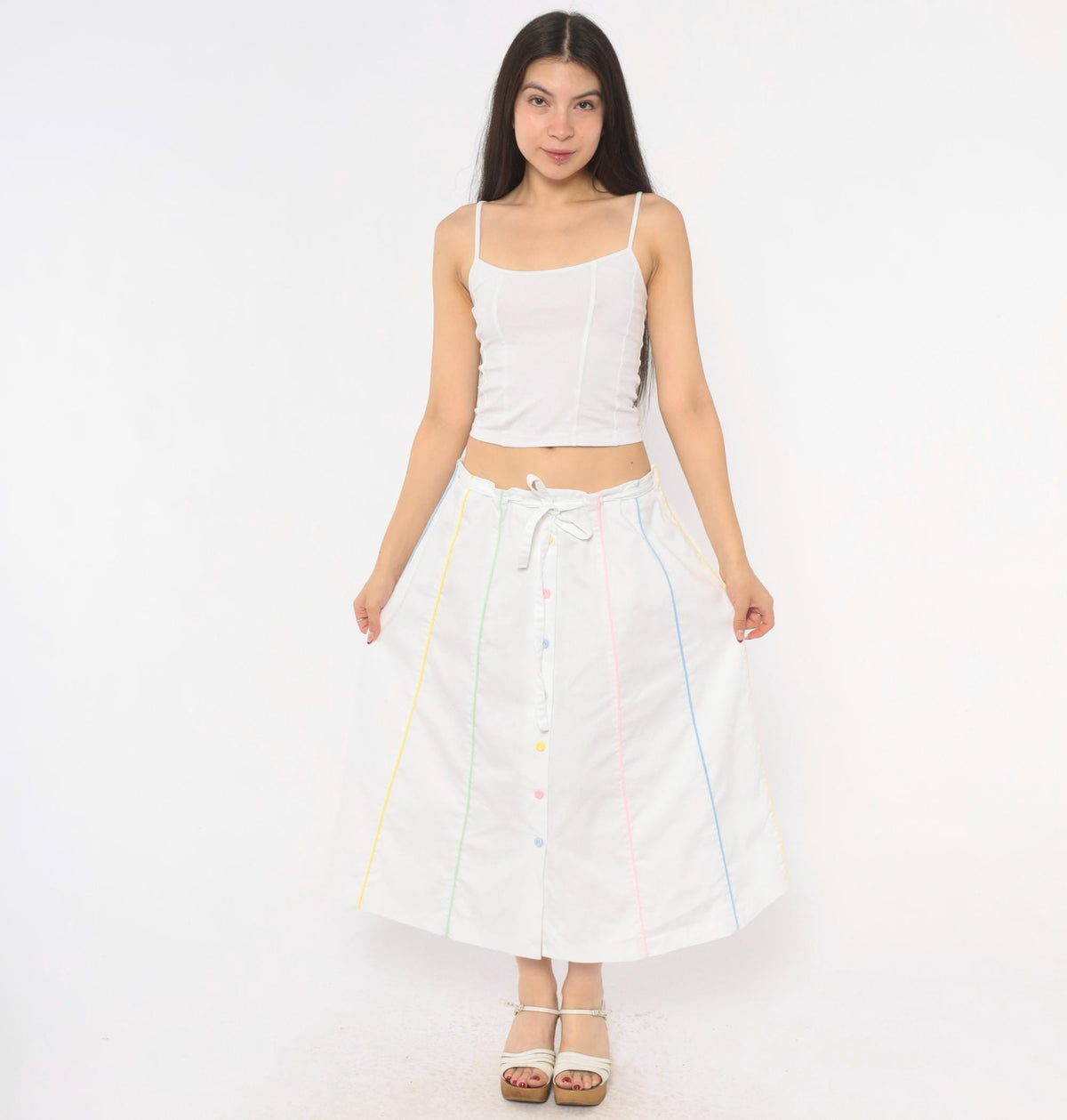 80s Sanibel White Cotton A-Line Midi Skirt Pastel Rainbow Button Front Medium