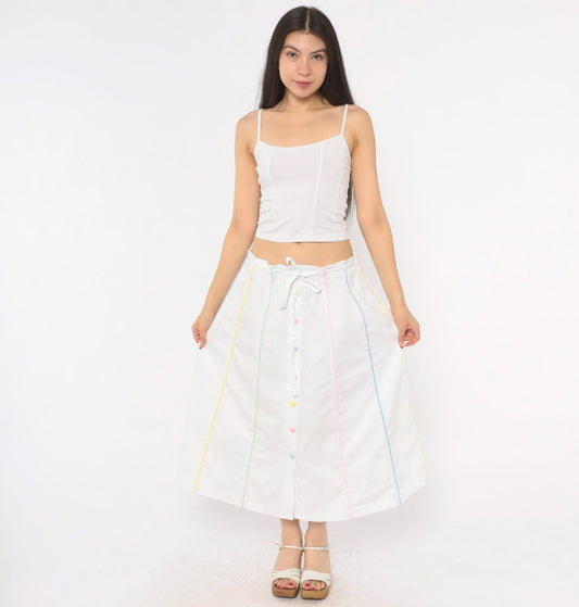 80s Sanibel White Cotton A-Line Midi Skirt Pastel Rainbow Button Front Medium
