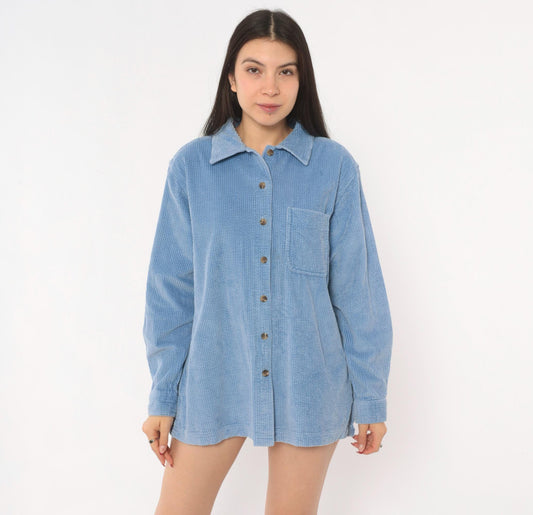90s L.L.Bean Corduroy Button-Front Shirt Sky Blue Cotton Medium M