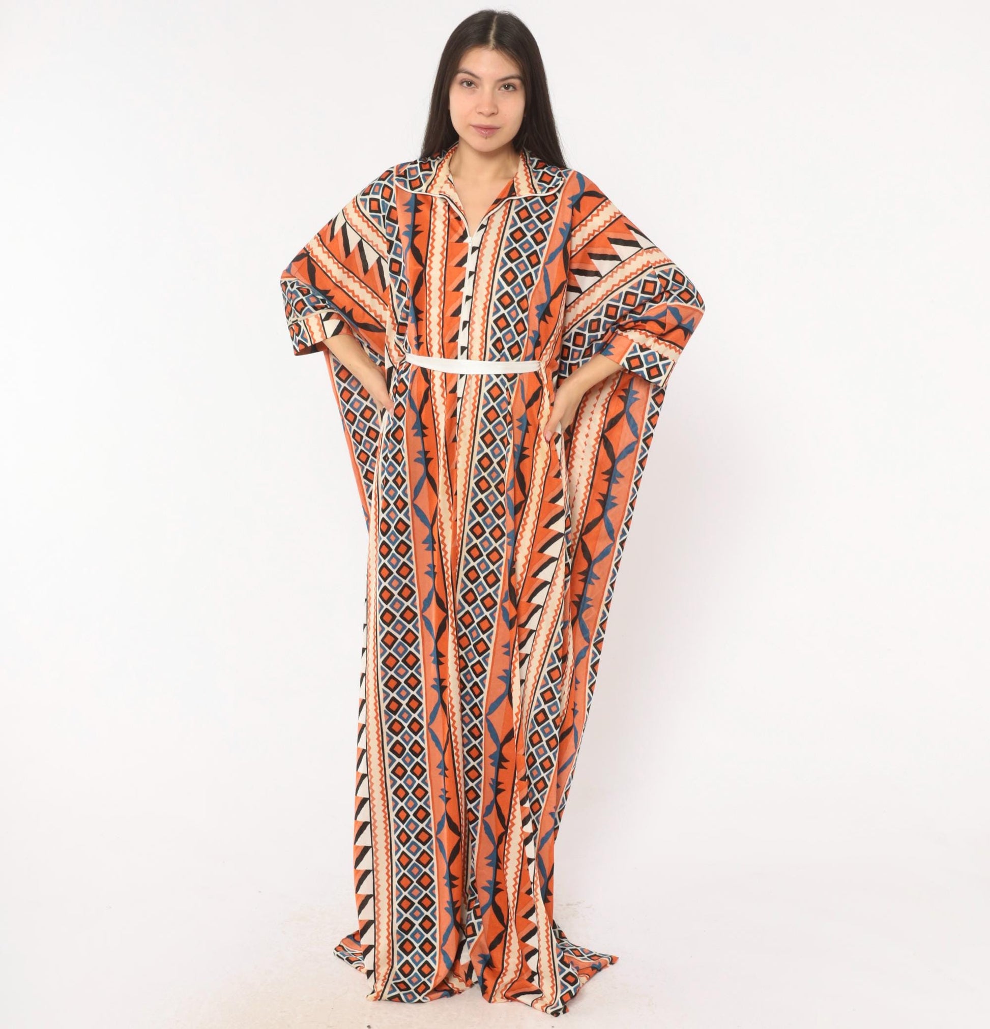 70s Le Voys Aztec Caftan Maxi Dress Orange Cream Blue Geometric Tribal Stripe One Size