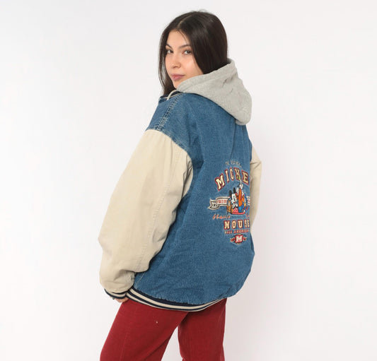 90s Disney Store Mickey Mouse Denim Varsity Jacket Blue Cream Large L