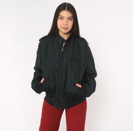 90s Black Bomber Jacket Zip Front Epaulette Military Windbreaker Medium