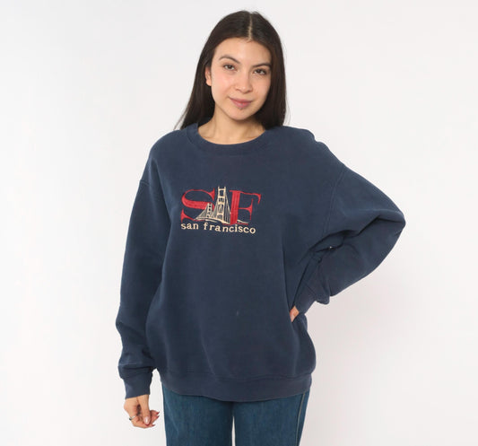 90s Fruit Of The Loom San Francisco Golden Gate Bridge Navy Sweatshirt Large L