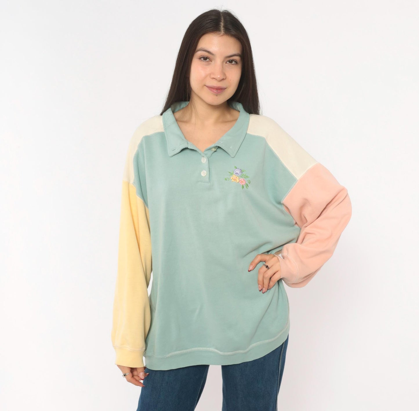 80s Ys Casuals Pastel Color Block Polo Sweatshirt Floral Embroidered Extra Large XL