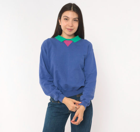 90s Lizwear Collared Cotton Sweatshirt Color Block Periwinkle Teal Magenta Small