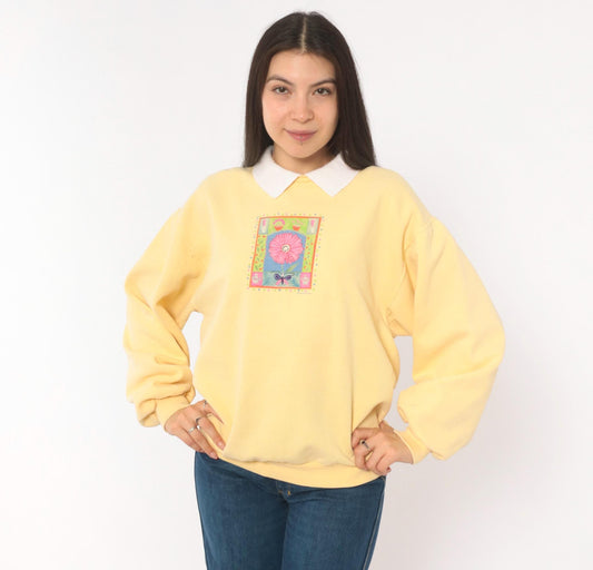 90s Top Stitch Yellow Collared Sweatshirt Floral Embroidered Garden Print Medium M