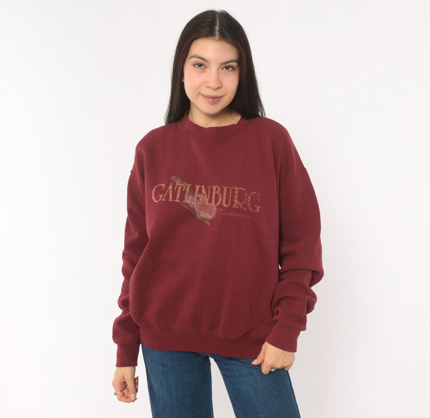 90s Santee Gatlinburg Tennessee Fiddle Sweatshirt Burgundy Crewneck Medium M