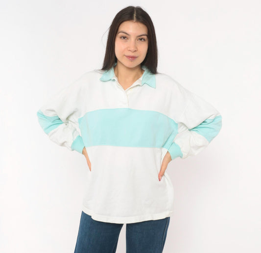 90s Energie Rugby Polo White Mint Stripe Cotton Collared Medium M