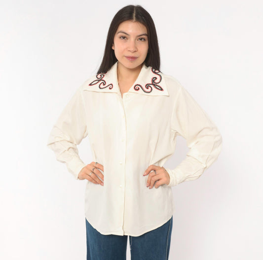 80s Bellows Brut Cream Western Blouse Red Black Embroidered Collar Medium M