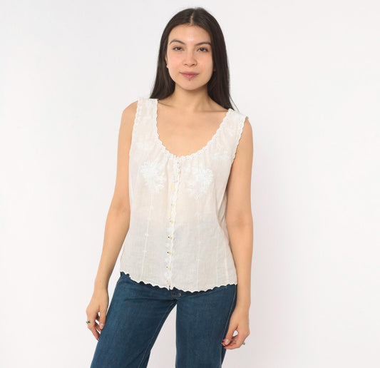 90s White Cotton Eyelet Camisole Broderie Anglaise Button Front Tank Large L