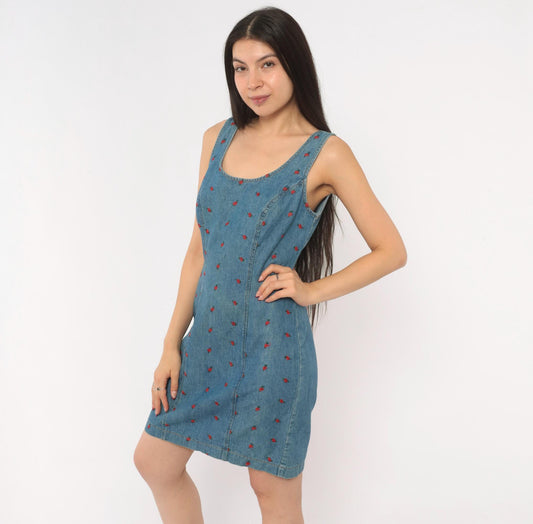 90s California Concepts Rose Embroidered Denim Mini Dress Blue Small