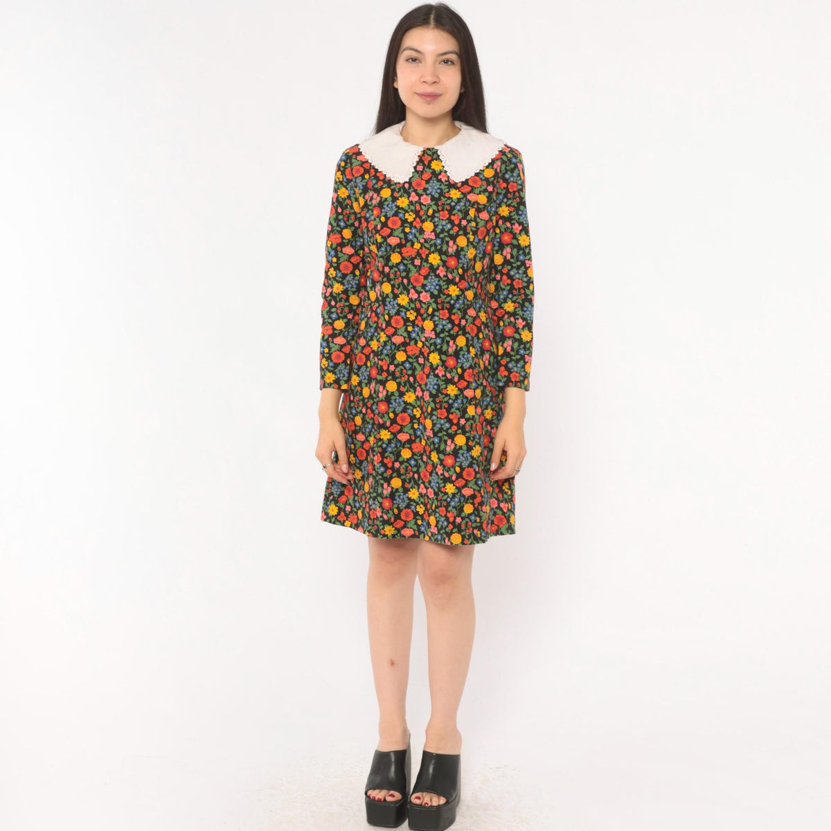 60s Black Floral Peter Pan Collar Shift Dress Wildflower Print Small
