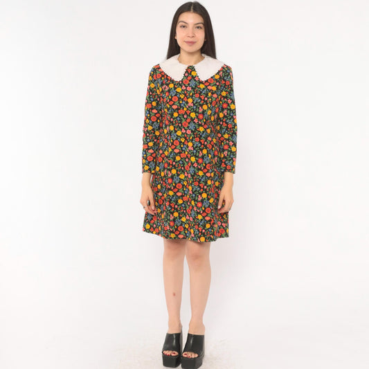 60s Black Floral Peter Pan Collar Shift Dress Wildflower Print Small