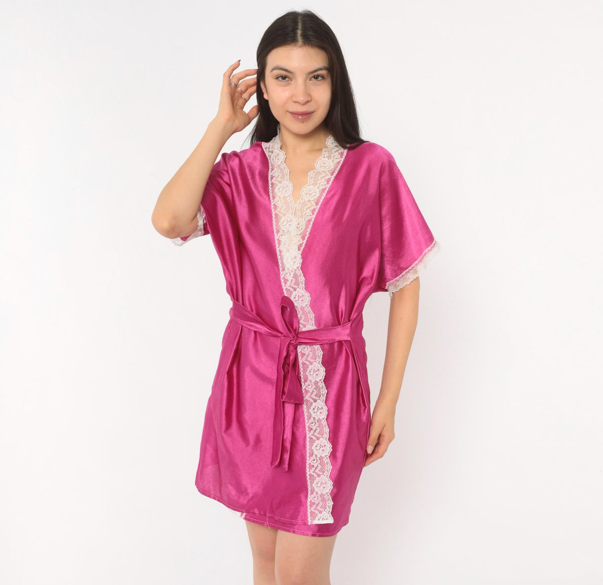 80s Fuchsia Satin Kimono Robe Lace Trim Tie Front Medium Large