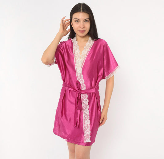 80s Fuchsia Satin Kimono Robe Lace Trim Tie Front Medium Large