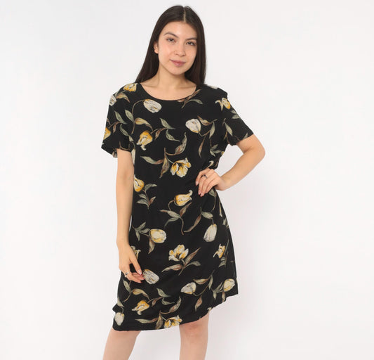 90s Laura Scott Tulip Shift Dress Black Floral Scoop Neck Knee Length Large L