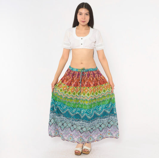 90s J Gee Rainbow Tiered Maxi Skirt Geometric Tribal Print Cotton Small