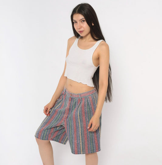 90s St. Johns Bay Striped Denim Shorts High Waisted Bermuda Cotton Large L