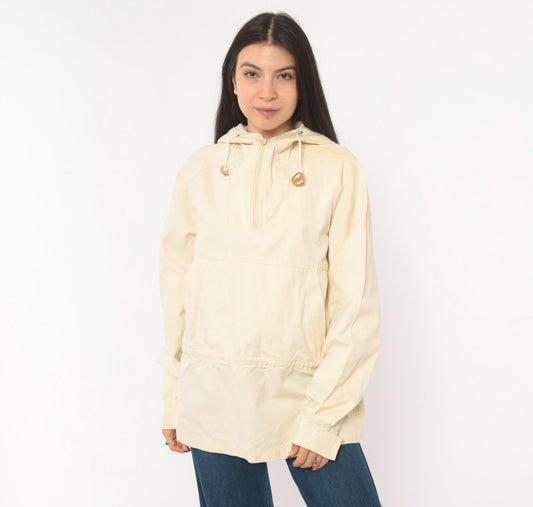 80s Woolrich Cream Cotton Anorak Half-Zip Hooded Pullover Jacket Medium