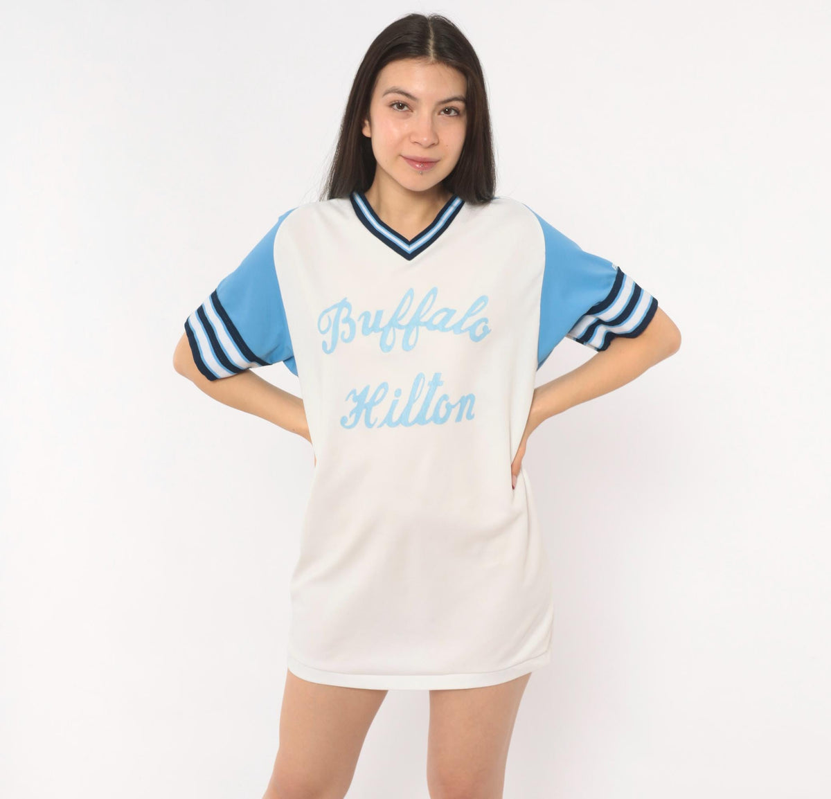 80s Bike Baseball Jersey White Sky Blue Raglan Striped V-Neck Medium