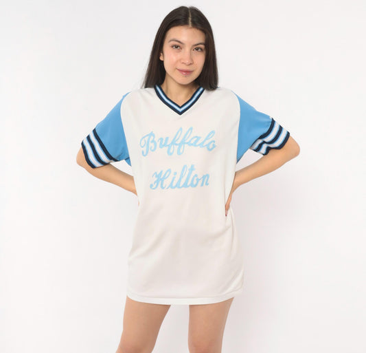 80s Bike Baseball Jersey White Sky Blue Raglan Striped V-Neck Medium