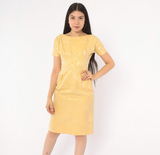 60s Gold Jacquard Sheath Dress Boat Neck Brocade Pencil Skirt Extra Small XS