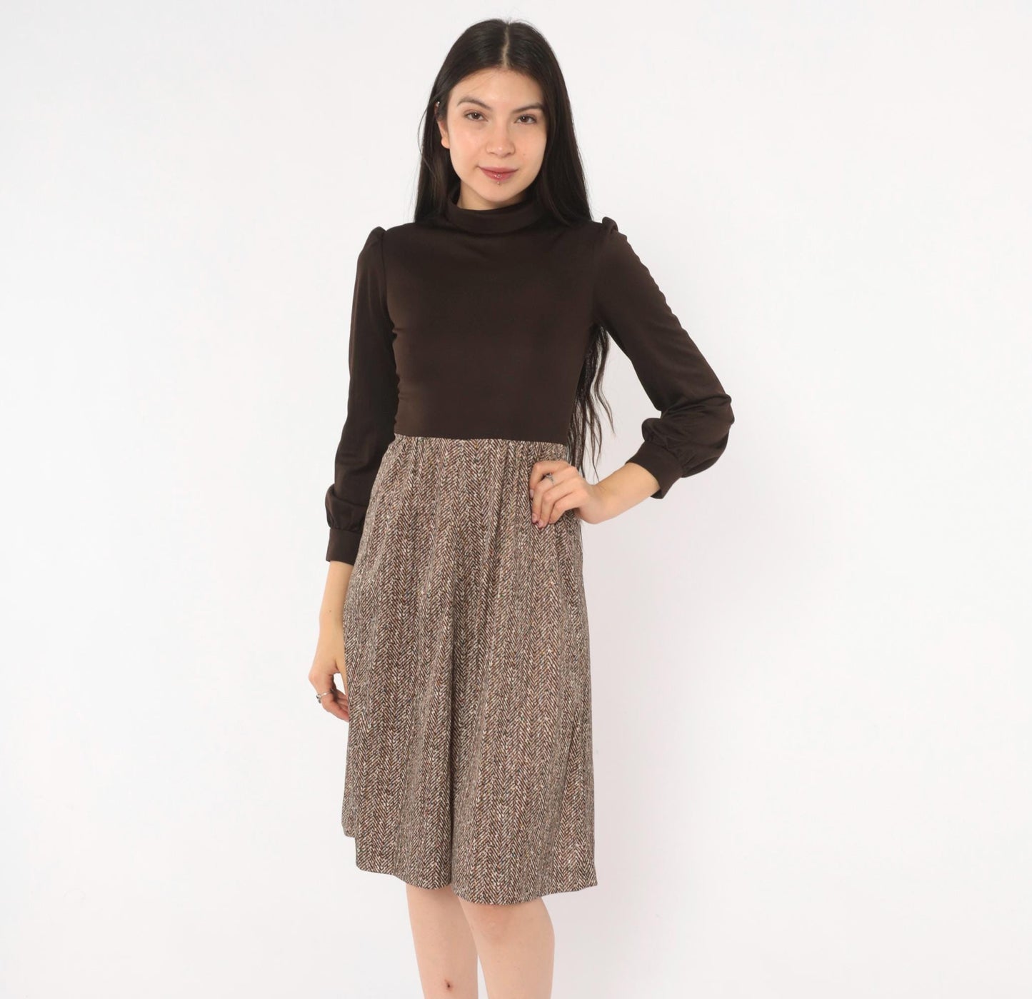 70s Brown Herringbone A-Line Dress Puff Sleeve Turtleneck Extra Small XS