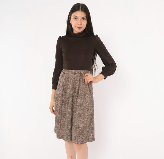 70s Brown Herringbone A-Line Dress Puff Sleeve Turtleneck Extra Small XS