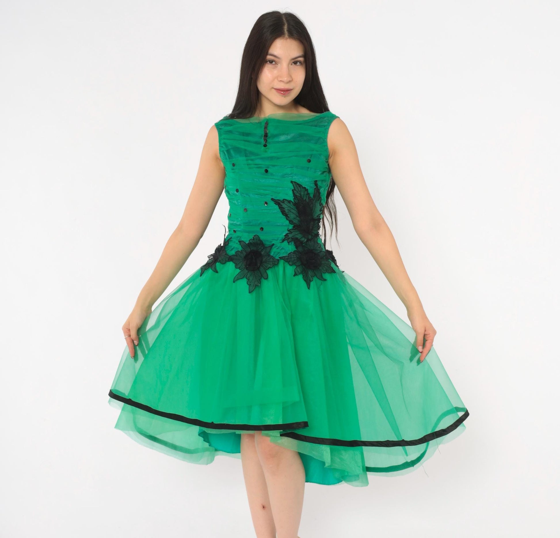 80s Emerald Green Fit Flare Party Dress Sequin Tulle High-Low Black Floral XS