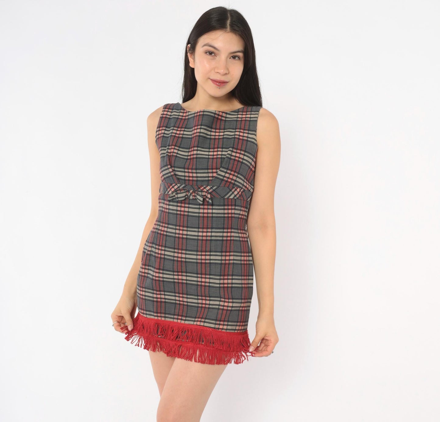 60s Plaid Mini Dress Grey Red Tartan Sleeveless Bow Empire Waist XS